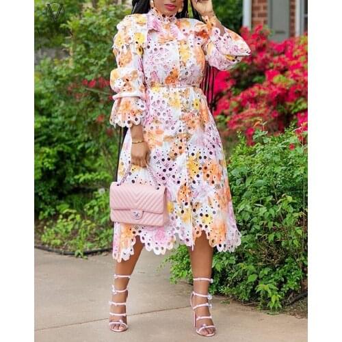 VAZN 2021 Hot Plus Size High-end Hollow Out Sweet Holiday Europe And America Long Dress Full Sleeve Women Straight Midi Dress