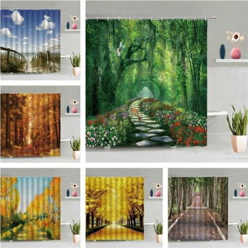 Forest Path Shower Curtain Flower Road Green Plant Tree Bathroom Accessories Set Waterproof Wall Hanging Curtains Home Decor