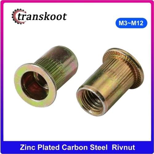 M3 M4 M5 M6 M8 M10 M12 Zinc Plated Carbon Steel Knurled Nuts Rivnut Flat Head Threaded Rivet Insert Nutsert Cap Rivet Nut