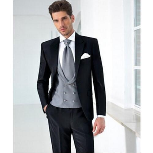 5pieces Black Suits Silver Vest Tie White Handkerchief Fashion Men Suits Bespoke Brand Clothing Formal Wedding Office Business
