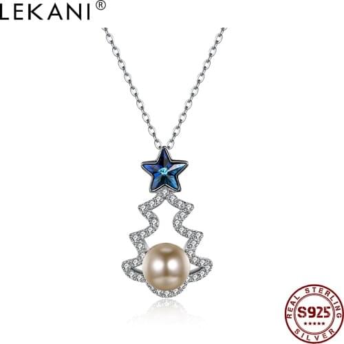 LEKANI Pearl Necklace Woman 925 Sterling Silver Christmas Tree With Blue Star Austria Crystal Pendant Necklaces Hot Sale