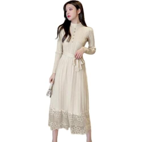 New Spring Autumn Fashion Women Dresses Stretch Knit sweater Dress Lace Knitted Patchwork Vestir Slim Female Casual Dress OK623