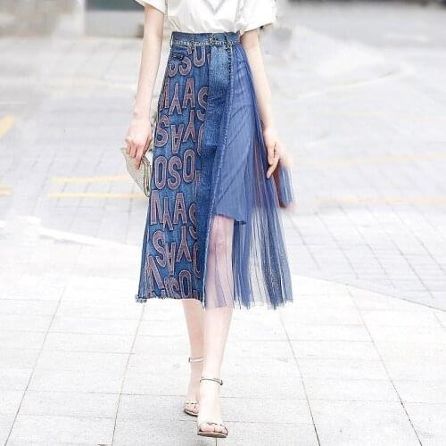 Plus Size 3XL High Waist Mid-Length Denim Skirts Runway Women 2021 Summer New A-Line Irregular Pleated Patchwork Mesh Jean Skirt