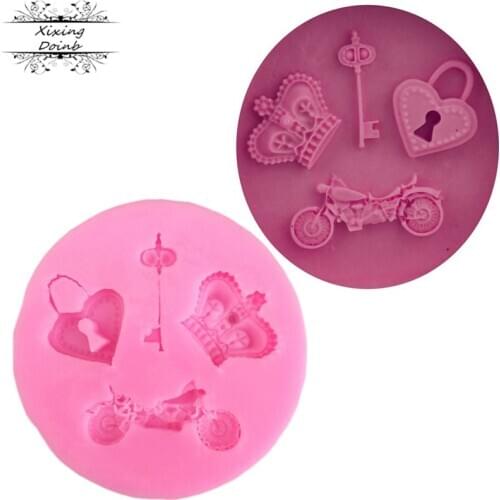 DIY motorcycle key crown love lock shape kitchen cooking tool silica gel mold cake decoration chocolate sugar baking mold