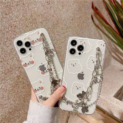 Bear Drawing Silver Wrist Chain Case for iPhone 12 Pro Max Back Phone Cover for 12Mini 11Pro Max X XS XR 8 7 Plus SE 2020 Capa