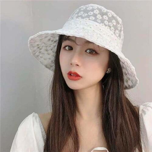 Fancy sun hat with floral print sunblock bow for female fisherman summer outdoor folding bucket hat pure Korean