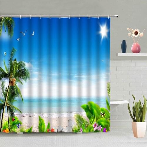 Ocean Beach Scenery Shower Curtain Palm Trees Plants Flowers Wooden Bridge Boat Summer Landscape Bathtub Decor Screen Washable