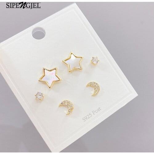 SIPENGJEL New Fashion Cubic Zircon Star And Moon Sets Earrings Crystal 6 Pcs Stud Earrings Sets For Women Wedding Jewelry 2021