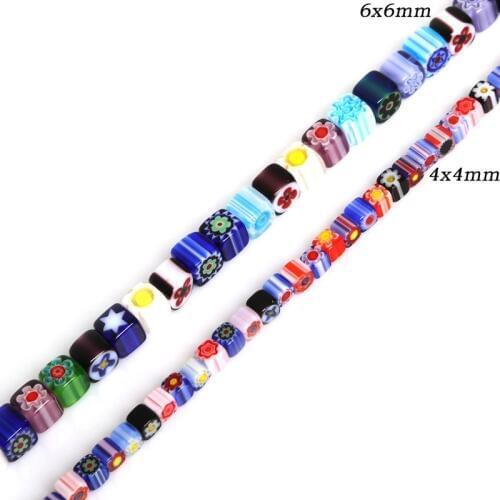 4/6mm Approx 63-95pcs Mixed Color Square Shape Millefiori Flower Lampwork Glass Beads For Jewelry Making Necklace Bracelet DIY