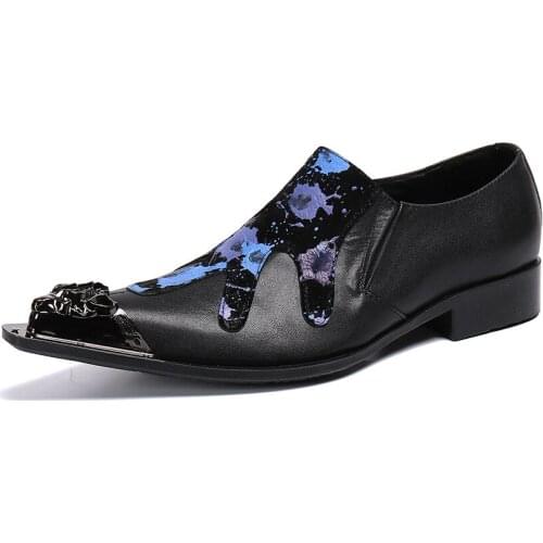 Party Leather Shoes For Men Metal Toe Beading Bronzing Slip On Shoes Business Wedding Nightclub Mens Flats Shoes Zapatos Hombre