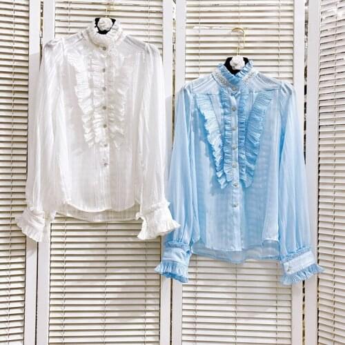 High Quality Fall New Blouse 2021 Pleated Shirt Stand-Up Collar Long-Sleeved Top Slim Solid Single-Breasted Top Clothing Brand