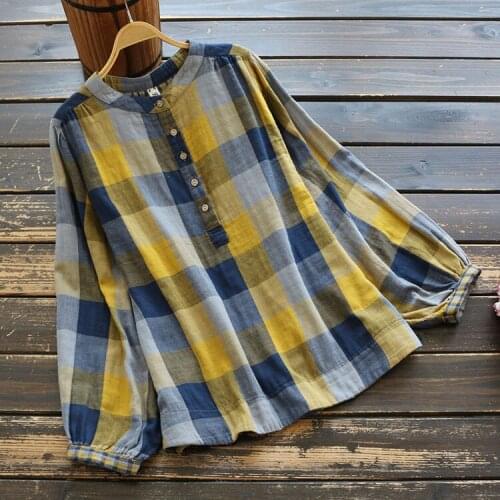 6670 New Autumn Women Big Size Cotton Plaid Shirt Mori Girl Stand Collar Long Sleeve Button Pullover Loose Casual Blouse Tops