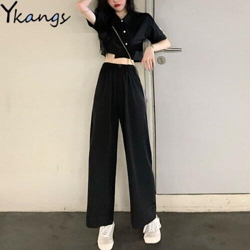 Summer Harajuku High Waist Wide Leg Trouser Suits Retro Womens Korean Street Solid Black Baggy Short Sleeve Blouses Loose Pants