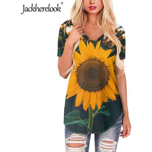 Jackherelook Women Shirts Elegant Ladies V-Neck Blouse Yellow Floral Sumflower Brand Design Plus Size Tops Short Sleeve Clothing
