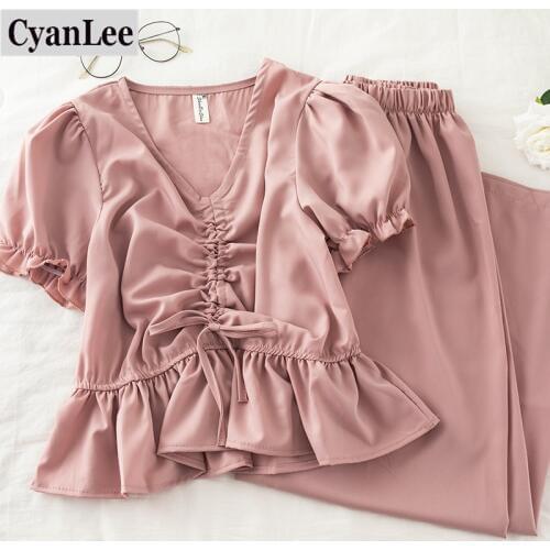 Cyanlee 2 Piece Outfits For Women New Arrival V-neck Drawstring Chiffon Tops+ Loose Wide Leg Pants Two Piece Set Korean Clothes