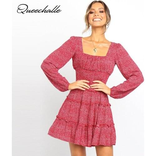 Bandage Waist Slim Dress Spring Summer Square Collar Long Sleeve Ruffles Patchwork Mini Dress Women Casual Oversized Vestidos