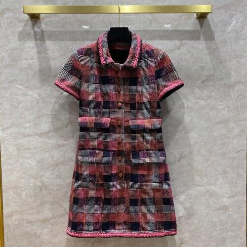 Chic Womens High quality 100% Silk Lining plaid tweed dress 2020 Autumn Runways Designer women short sleeves dress C214