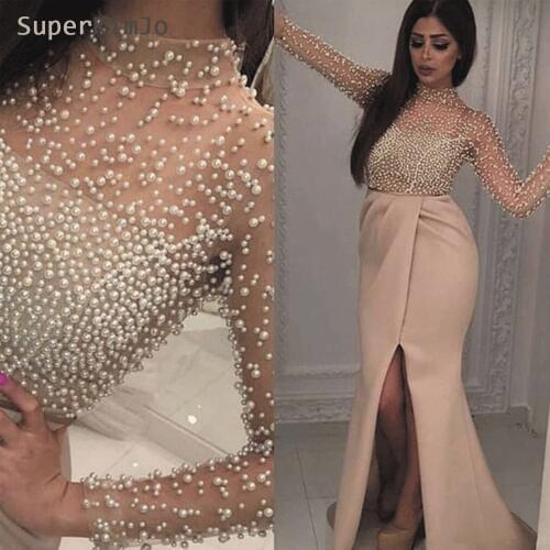 SuperKimJo High Neck 2019 Evening Dresses Long Sleeve Luxury Beaded Arabic Evening Gown for Women Robe De Soiree