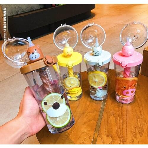 500ml Kawaii Cartoon Stirring Water Bottles With Straw Plastic Kettle Straw Bar Shake Cup Fruit with Juice Mix Portable Stirring