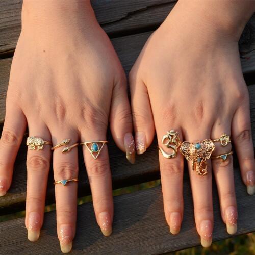 New Womens Retro Fashion Punk Elephant 8 Piece/Sets Combinations Alloy Ring Suit for Girl 2016 Fashion Jewelry Wholesale