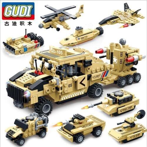8 IN 1 Military Hummer Assemble Building Blocks Tank Helicopter Hovercraft Armored vehicle Nuclear submarine Models Toys 352pcs