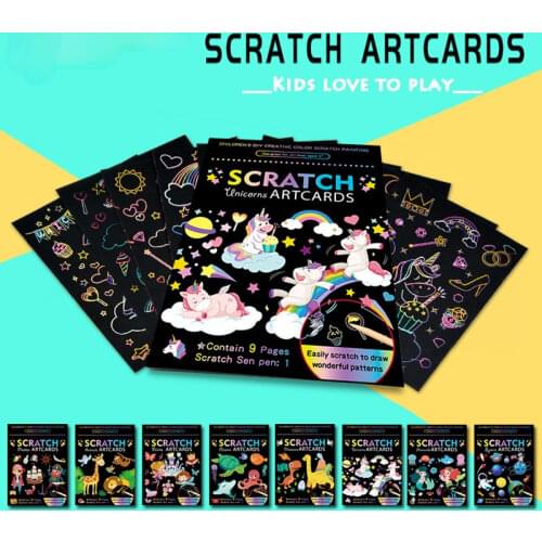 9PCS Dinosaur Animal Cartoon Rainbow Funny Magic Color Scratch Art Painting Paper Card Kit Drawing Stick Kids DIY Toy All Kind