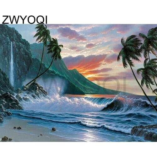Full Square Diamond embroidery Mountain sea DIY3D Diamond painting Cross stitch Sky waves Full Round Diamond mosaic coconut tree