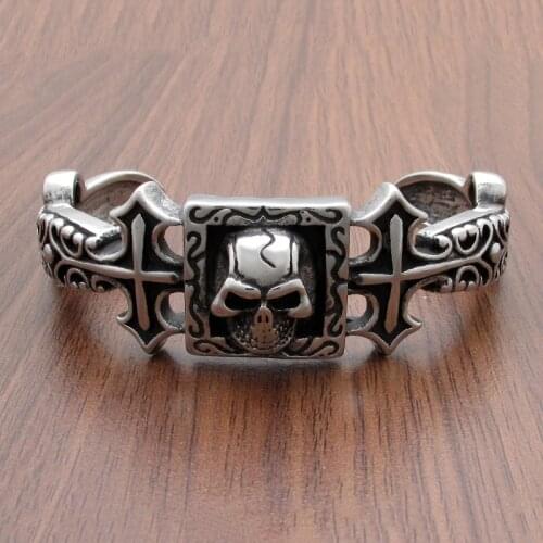 Free Shipping Punk Silver color Black Mens Boys 316L Stainless Steel Double Cross Skull Head Cuff Bangle Viking Bracelet