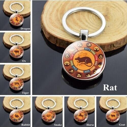 2020 Rat Year Lucky Keychain Chinese Zodiac Glass Ball Keychain Key Ring 12 Animal Zodiac Jewelry Tiger Dragon Horse Dog Pig