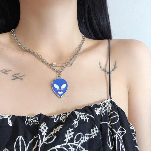 GSOLD Creative Alien Design Pendant Double Layer Stackable Safety Pin Necklace Simple Metallic Trend Jewelry for Men and Women