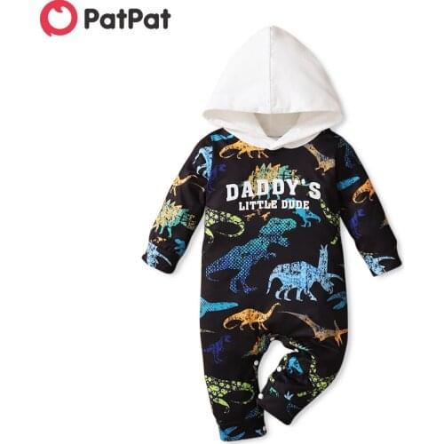 PatPat Allover Dinosaur And Letter Print Black Hooded Long-sleeve Baby Jumpsuit