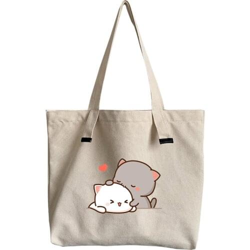 Aesthetic Kawaii Cartoon Print Totes Bag Shopping Original Beige and Black Women Package Travel Canvas Bags Eco Foldable Shopper