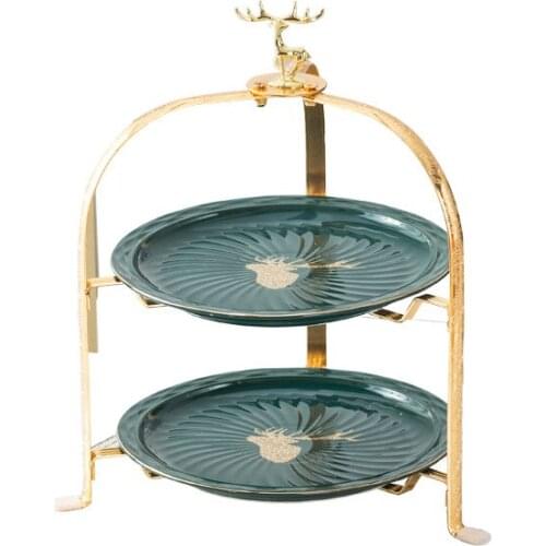 Ceramic double-layer dessert plate, fruit plate, multi-layer cake stand, creative living room metal stand