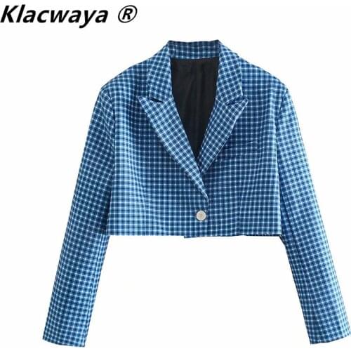 Klacwaya Women 2021 Fashion Single Button Cropped Checked Blazer Coat Vintage Long Sleeve Female Outerwear Chic Veste Femme