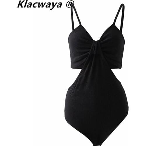 Klacwaya Women Sexy Hollow Bodysuit Top Slim Spaghetti Strap V Neck Sleeveless Rompers Jumpsuit Fashion Summer Casual Bodysuit