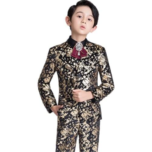 Boy Classic Tuxedo Wedding Suit Formal Party Christening Church Outfit with Jacquard 4PCS Blazer Pants Shirt Vest Tie Boys Suit