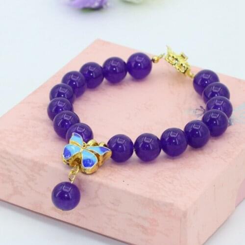 Fashion 10mm gold-color cloisonne spacer purple jades chalcedony natural stone round beads bracelet diy jewelry 7.5inch B2722