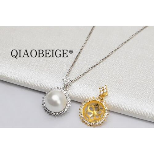 QIAOBEIGE fashion Pendant 925 Sterling Silver Accessory Zircon DIY Pearl Semi Mount fancy round pearl fitting