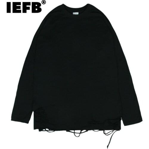 IEFB Hole Hem Solid Color Long Sleeve T-shirt Mens Ins Fashion Hip Hop High Street Round Neck Tops Fashion Loose Bottomed Cloth