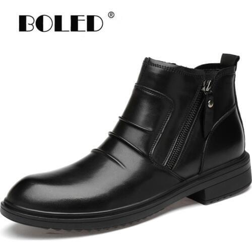 Natural Cow Leather Men Boots High Quality Lace-Up Shoes Men Warm Plush Fur Ankle Snow Boots Handmade Autumn And Winter Shoes