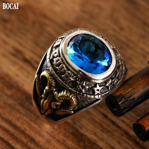 BOCAI New 100% Real s925 Silver Retro Blue Zircon Sheep Head Ring for Man Engraved Personality Fashion Domineering Man Ring