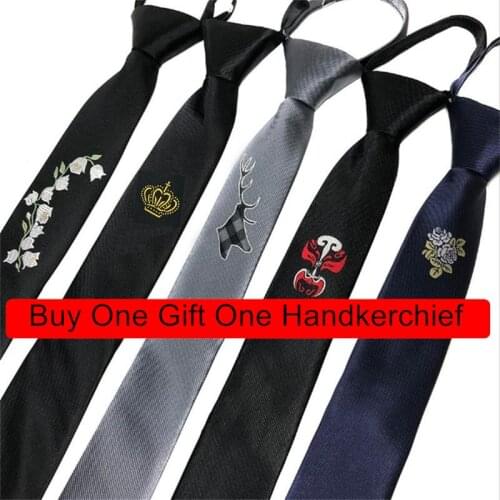 Mens Embroidered Tie Zipper Lazy Easy to Pull Korean Marriage Personality Logo Narrow Necktie 5cm Crown Animal Letter Floral