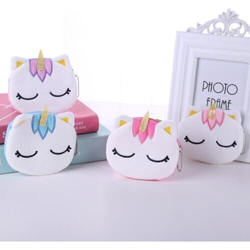 Soft Plush Cartoon Unicorn Women Coin Purse Mini Cute Oval Zipper Children Girl Coin Wallet Card USB Cable Headset Bag