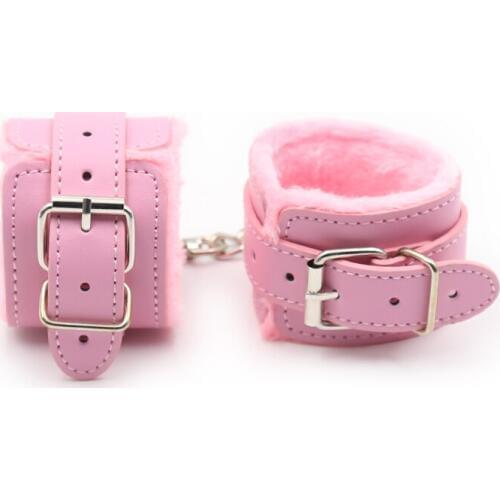 BDSM Bondage Handcuff Adjustable PU Leather Plush Pink Handcuffs Wrist Cuffs Slave Restraints Adult Flirting Sex Toy for Woman