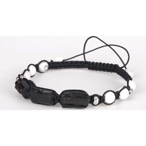 Natural Rough Black Tourmaline Healing Stone Bead White Round Stone Howlite Nylon Rope Adjustable Macrame Energy Bracelet Unisex