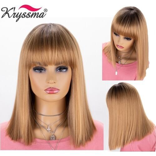 Kryssma Short Bob Golden Blonde Wigs For Withe/ Women Cosplay Synthetic Heat Resistant Womens Wigs With Bang Natural Straight