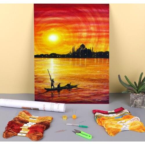 Natural Scenery Indian Sunset Printed Canvas 11CT Cross Stitch DIY Embroidery Complete Kit DMC Threads Handicraft Decor