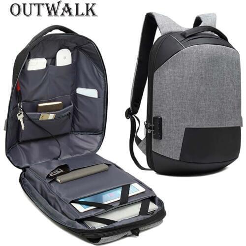 OUTWALK Fashion Travel Women Men Backpack for Laptop Bag 15.6" USB Charge Large Capacity Anti theft Schoolbag Lock Backpack Male