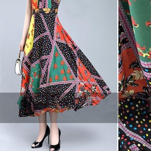 1 Meter Geometric Ethnic Style Wave Dot Printing Silk Crepe De Chine Fabric Wide Shirt Skirt