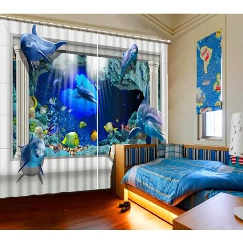 Cute Blue Underwater World Pattern Blackout 3D Curtains for Bedroom Living Room Curtains Accept Customization any size CL-007